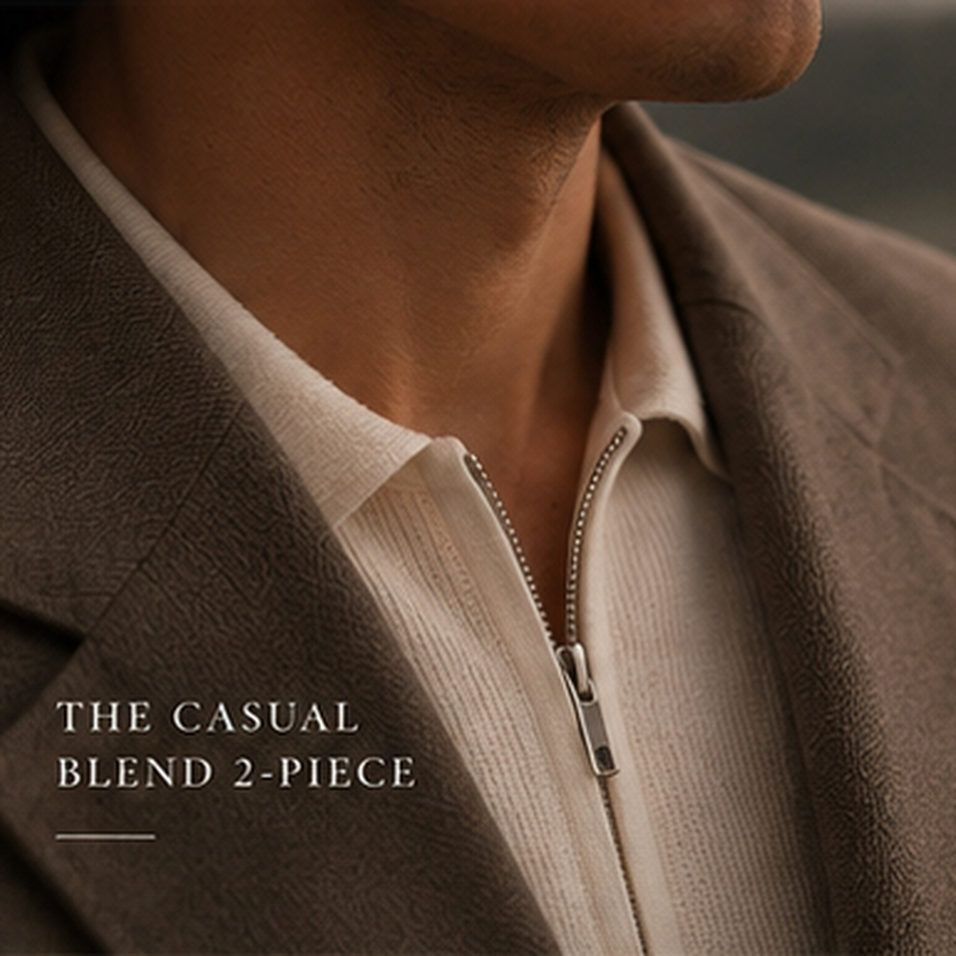 Close-up of the cream zip-neck knit under a textured jacket
